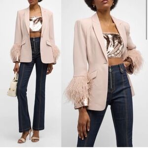 NWT Cinq à Sept Cheyenne Crepe Blazer Jacket Sequin & Feather Sleeves Sz 14